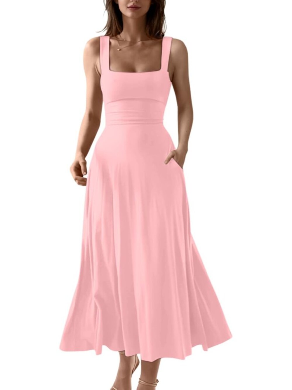 〽️Womens Pink Square Neck Side Pocket Sleeveless Wedding Guest Party Maxi Dress